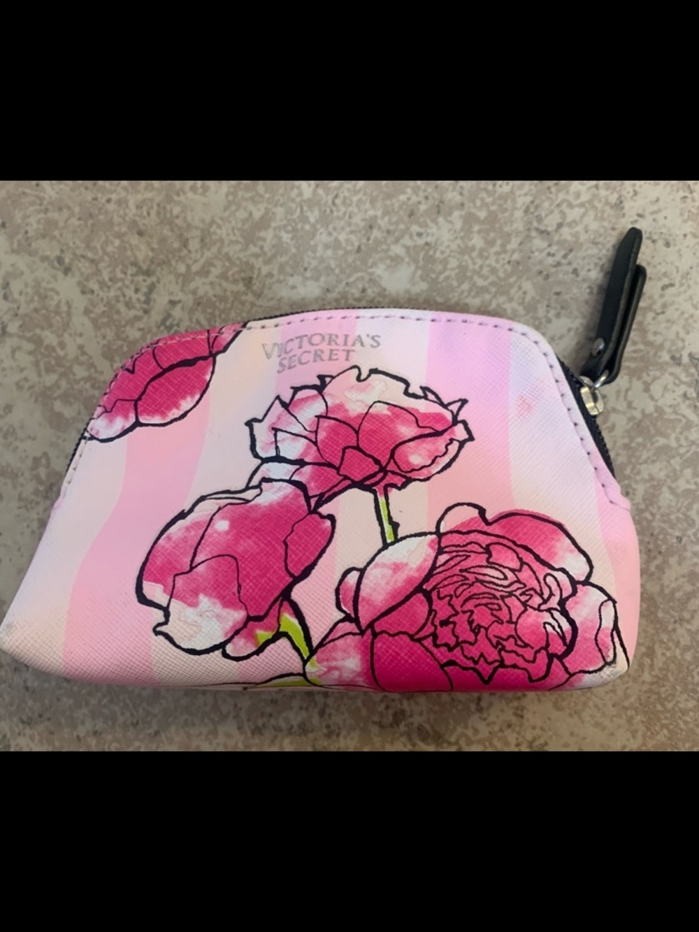 “Victoria's Secret” Wallet Pouch. Pink Striped Design w/ Large Floral Peony Prin